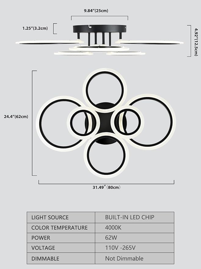 Vikaey Modern LED Flush Mount Ceiling Light, 6 Rings Black Close to Ceiling Light Fixtures, Living Room Lighting Fixture Ceiling Lamp for Kitchen, Bedroom, Laundry Room, 4000K Not Dimmable