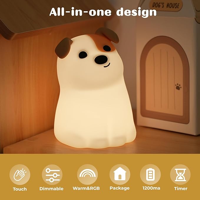 AVEKI Puppy Night Light for Kids, Cute Dog Lamp Dog Lover Gifts for Women & Kid, Dimmable Silicone Animal Night Light for Baby Nursery, Rechargeable Touch Desk Lamp Table Lamp, Kawaii Room Decor