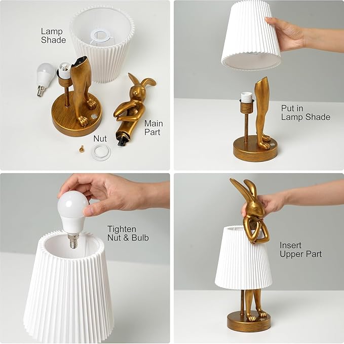 Cordless Rabbit Table Lamp Rechargeable LED 5000mAh, 15.7” Cute Decorative Night Light with Linen Shade & Gold-Tone Bunny Design, Portable Touch Dimmable Bedside Lamp for Bedroom, Home Decor (White)