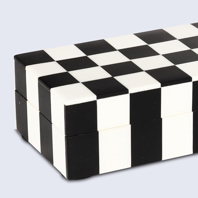 Handicrafts Home Decorative Storage Box with Lid, Black and White Decorative Remote Control Box, Slim Coffee Table Storage Box, Decorative Box for Shelf, Desk & Living Room Decor, 10 x 2.5 x 1.5