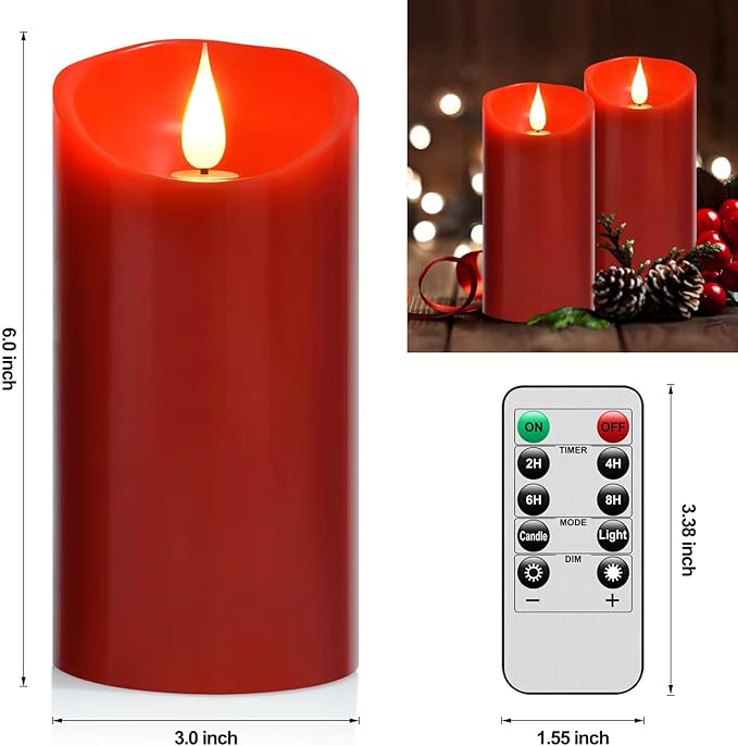 Flameless Battery Operated Flicking Candles:Remote Control Realistic Wax Pillar LED Candle with 10-Key Cycling 24 Hours Timer for Home Decoration Wedding Birthday Party 2PACK Red