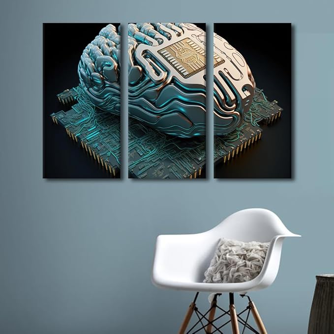 Wall Art for Living Room, Brain and Computer Chip Print on Canvas Wall Art for Living Room Bedroom Wall Decoration, 3 Piece AI Canvas Artwork Wooden Framed Stretched, 60" Wx40 H