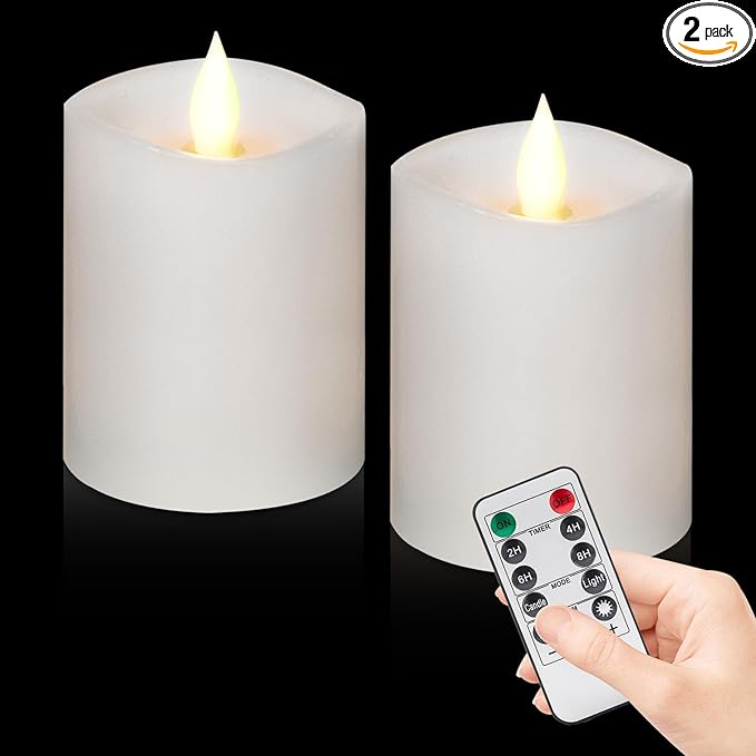 3"x4" Flickering Flameless Battery Candles with Timer, White Realistic LED Pillar Candles, Set of 2 Large Remote-Operated Candles for Home Indoor/Outdoor & Holiday Decor