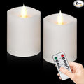 3"x4" Flickering Flameless Battery Candles with Timer, White Realistic LED Pillar Candles, Set of 2 Large Remote-Operated Candles for Home Indoor/Outdoor & Holiday Decor