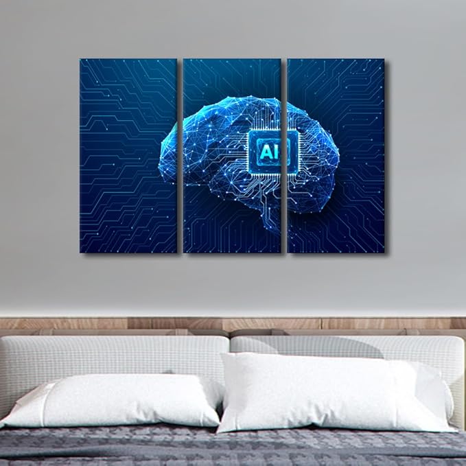 TUMOVO Wall Decorations for Living Room Chip Integral Pictures Paintings Canvas Print 3 Panels Wall Art Technology Brain Canvas Wall Art Modern Artwork Stretched and Framed Ready to Hang, 42" Wx28 H