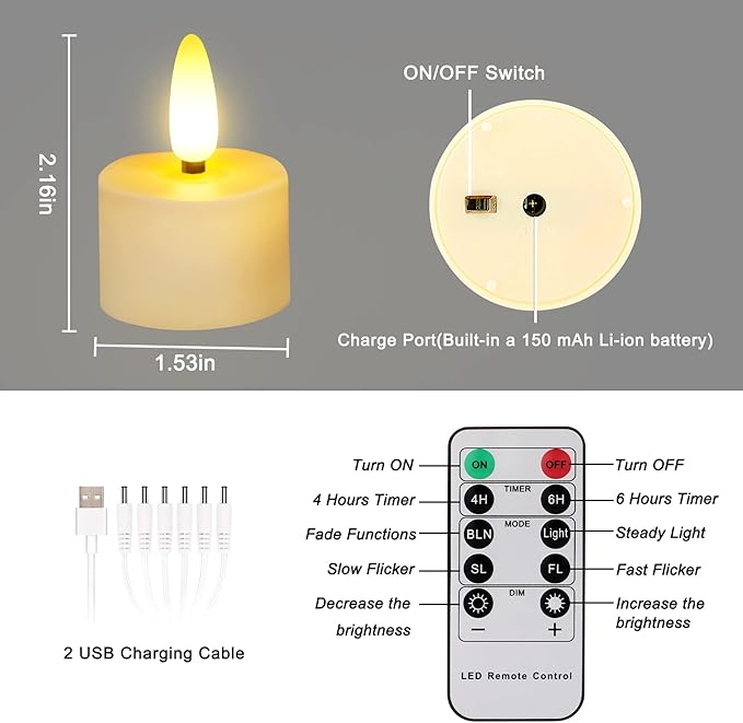 USB Rechargeable 3D Wicks Tealights Candle Flameless Flickering Battery Operated with Remote Control & Timer Realistic Led Tea Lights for Halloween Christmas Home Decor (12 PCS,Rechargeable)