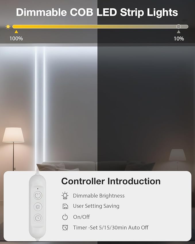 Aclorol 5V COB LED Strip Light 6000K Cold White Waterproof IP67 Dimmable 20FT LED Rope Lights with Timer 8mm Width for Bedroom Kitchen Balcony Railing Pergola Indoor Outdoor Lighting Decoration CRI90+