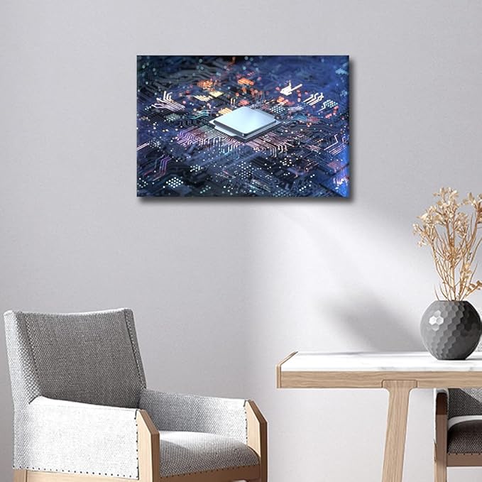 TUMOVO Canvas Wall Art for Bedroom Technology Digital Art Wall Paintings for Living Room CPU Concept Office Modern Wall Art Pictures Print On Canvas Giclee Framed Ready to Hang, 24x16in