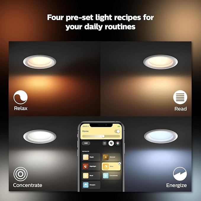 Philips Hue Smart Retrofit Recessed Lighting 4 inch - White Ambiance Warm-to-Cool White Light - 1 Pack - 850LM - Indoor - Control with Hue App - Works with Alexa, Google Assistant and Apple Homekit
