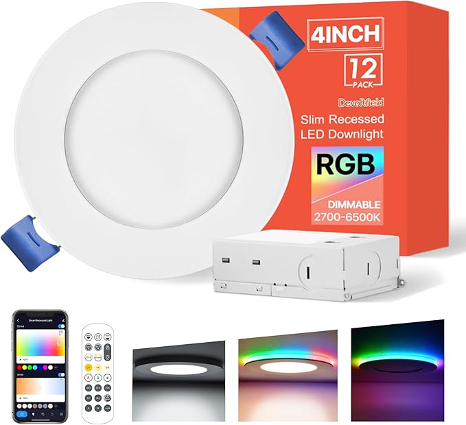 12Pack Smart RGB Recessed Lighting 4Inch,Ultra-Thin Canless LED Downlight,2.4GHz Wi-Fi Bluetooth, 2700K-6500K, 9W 810LM,Work with Tuya App,Alexa,Google Assistant,Sync Music