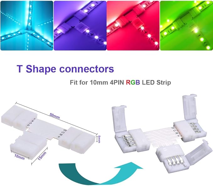 4 Pin LED Strip Connector Kit for 5050 RGB(NOT RGBIC) 10mm LED Light Strip,Include 8 Types of Solderless Accessories,Provide Most of Parts for DIY Lighting Project