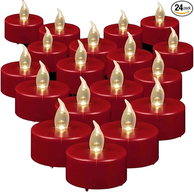 LED Tea Lights Flameless Candles: Battery Operated Bulk 24-Pack Realistic and Bright Flickering Long Lasting 200 Hours Electric Tealight Candles for Home Decor Halloween Christmas Wedding (Red)