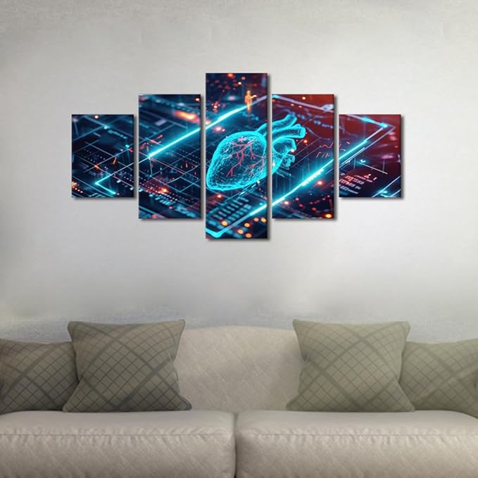 TUMOVO 5 Panel Modern Technology Canvas Wall Art Large Digital Wall Decor for Living Room Home Decor Decorations Computer Screen Picture Wall Decor for Bedroom Poster and Prints 60" Wx32 H