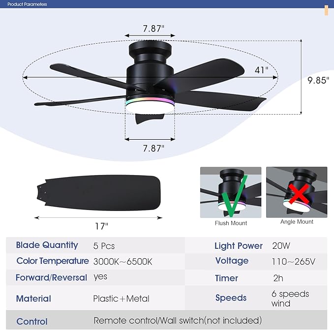 Ceiling Fans with Lights and Remote/APP Control, 41 inch Low Profile Ceiling Fan, 3 CCT LED Dimmable White Lights + RGB Ring Lights, 5 Reversible Plastic Blades 6 Speeds for Kidsroom, Black