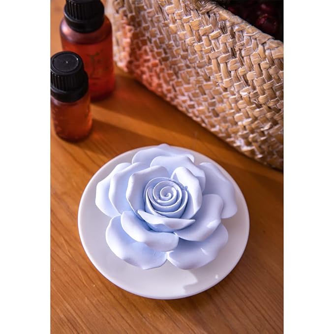 Essential Oil Passive Flower Diffuser -Non-Electric Porcelain Aromatherapy Diffusers for Small Mini Room, Desk Decorative, Bathroom (Blue Rose)