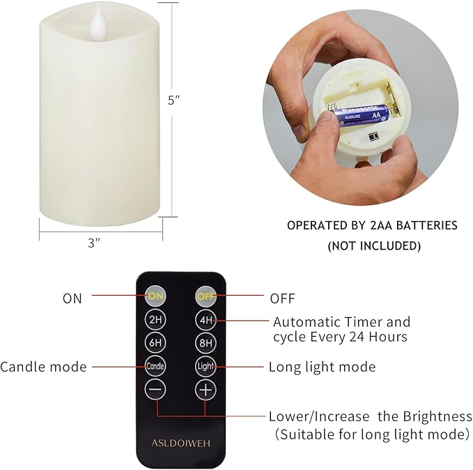 3" x 5" Flameless Candles Set of 1, 2AA Battery Life 600 Hours Battery Candles Flickering with Timer, 5 inch Flameless Candles with Remote for Indoor/Outdoor, White