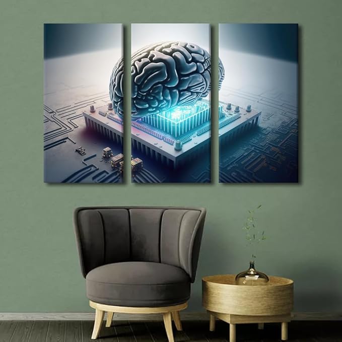 3 Panel Wall Art Brains and Computer Chips Poster on Canvas Framed Wall Art Future Technology Wall Decoration for Living Room Bedroom, Stretched Framed Ready to Hang, 60" Wx40 H