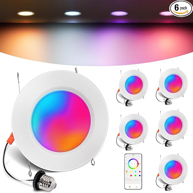 Smart Recessed Lighting 6 Inch, RGBCW Color Changing Smart Can Light Bluetooth Connect, Flicker Free, 13W 1300LM, Dimmable Retrofit Downlight Works with Alexa Voice & App Control, ETL, 6 Pack