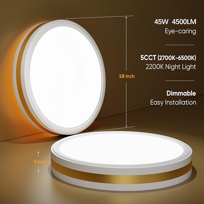 18 Inch Flush Mount Modern White Gold LED Ceiling Light with Night Light, 5CCT 45W 4500LM 2700K-6500K Adjustable, Dimmable Light Fixture for Bedroom Hallway, ETL