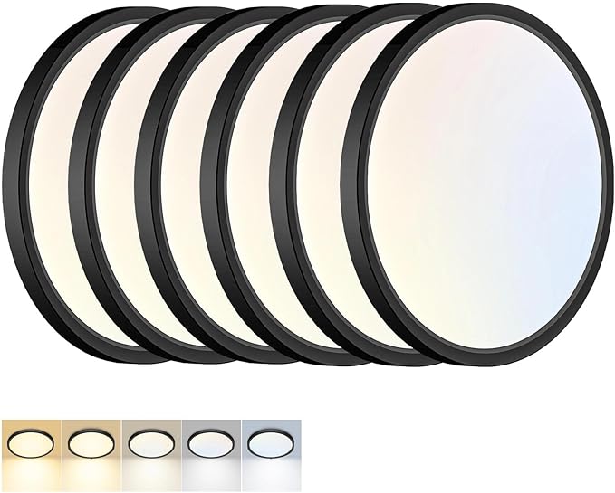 6 Pack LED Flush Mount Ceiling Light,12Inch 24W,3000K/3500K/4000K/5000K/6500K 5 Color Temperatures Ceiling Light Fixture for Kitchen Porch Hallway Bedroom Bathroom and Closet,Black