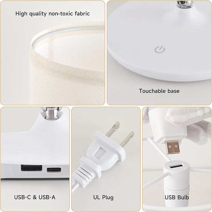 Table Lamps Set of 2 for Living Room Bedroom, Bedside Table Lamp with USB C and A Ports, Bedside Lamps for Nightstand with Linen Lamp Shades, Desk Lamp for Office