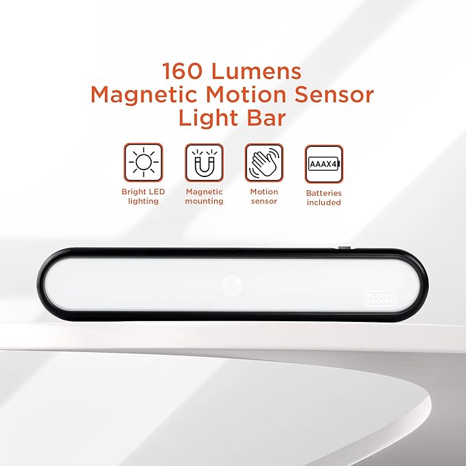 BLACK+DECKER 160LM LED Light Bar, Touchless Motion Sensor, Magnetic Mount, Powered with AAA Batteries, Slim and Portable Design to Brighten Indoor Rooms, Closets, Garages, Shelving (1-Pack)