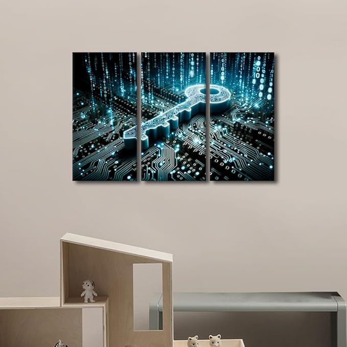 TUMOVO Security Concept Pictures Print 3 Panel Key on Circuit Board Background with Binary Code Pictures Print on Canvas for Living Room Bedroom Wall Decoration, Ready to Hang, 36" Wx24 H