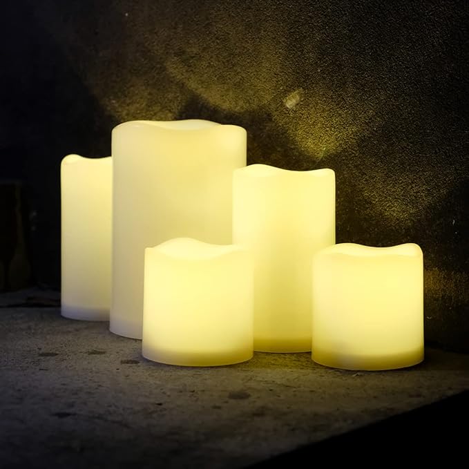 NONNO&ZGF 5 Pack Outdoor Waterproof Flameless Candles, Remote Battery Operated LED Resin Rainproof Pillar Candles (1pcs 4" x 6", 2pcs 3" x 5", 2pcs 3" x 3")