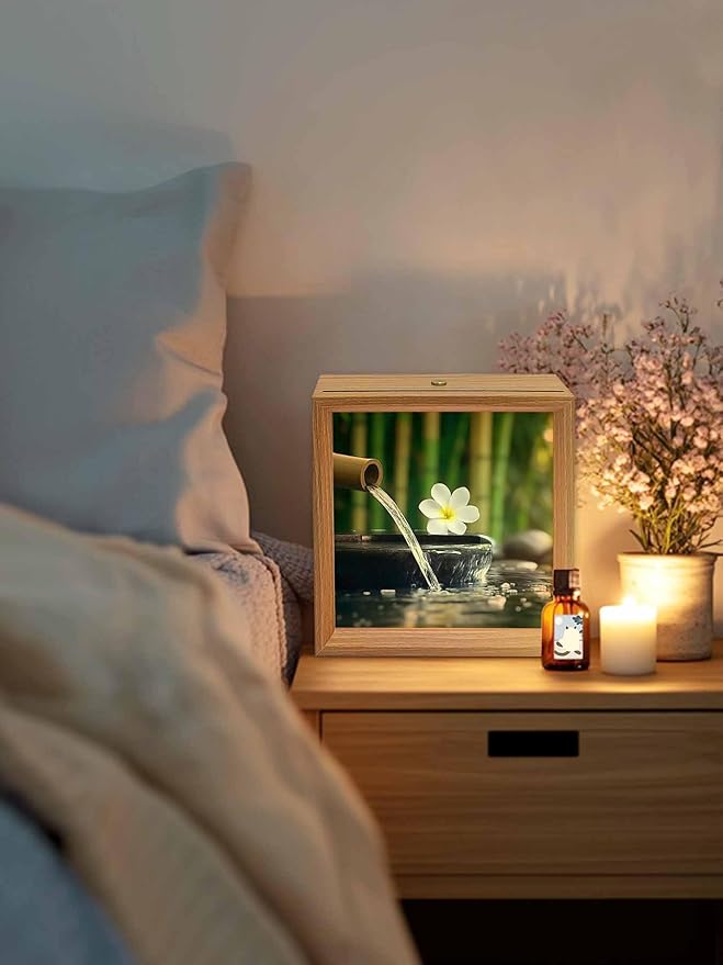 Wood Night Light Box 4.5x4.5in,Zen Meditation Plumeria Flower Table Lights Wooden Picture Frame with USB Rechargeable Touch LED Lights for Home Decor Desktop Display,Flowing Water Forest