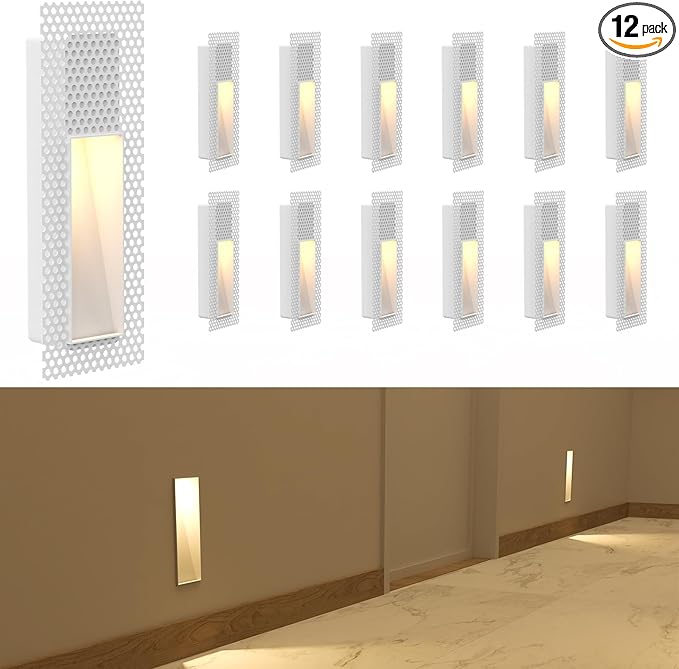 12 Pack Trimless Recessed Step Lights, 2W 3000K Warm White Wall Light, Indoor Rectangle Skirting Board Lighting, Invisible Stair Lights for Hallway, Bedroom, Staircase (No Dimming)
