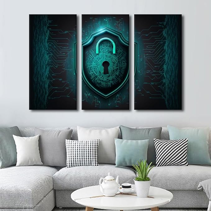 3 Panel Framed Wall Art Data Security Protection Cybersecurity Internet Network Locker Technology Posters Picture Print on Canvas for Bedroom Living Room, Framed Ready to Hang, 60" Wx40 H