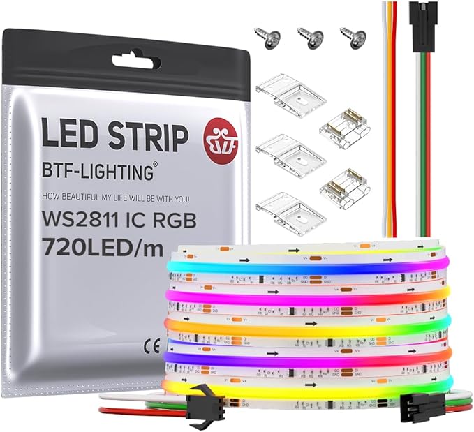 BTF-LIGHTING FCOB WS2811 IC RGB COB LED Strip DC12V 720LED/m 16.4FT Flexible High Density Uniform Chasing Color Light 20IC/m 12mm Width Light for Home Indoor Decor(No Adapter or Controller)
