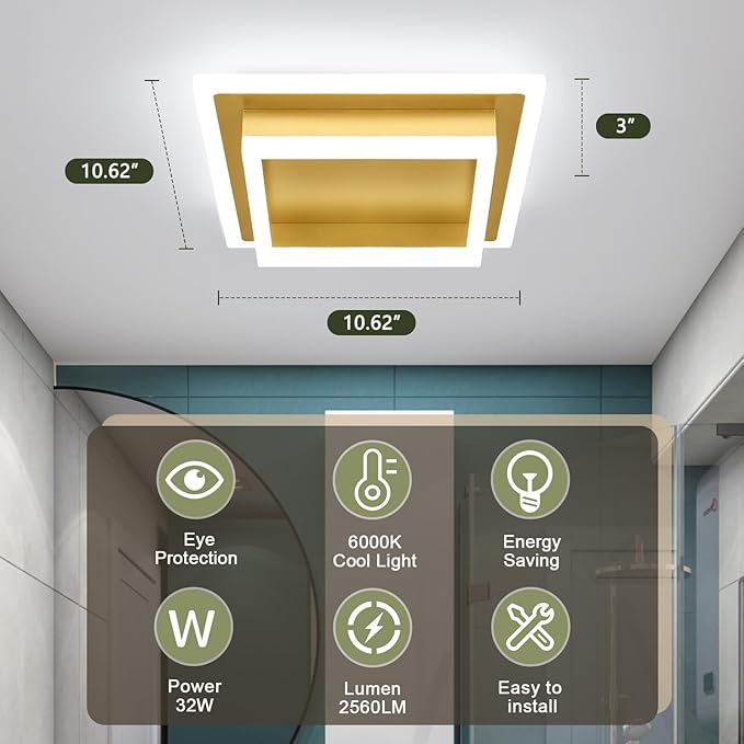 Modern LED Ceiling Lights, Gold Kitchen Ceiling Light, 32W LED Hallway Ceiling Light Fixtures, Flush Mount Ceiling Lights for Bedroom Dining Room Kitchen Bathroom(Gold) 2 Pack
