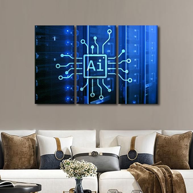 3 Pieces AI Wall Art AI Intelligence Artwork Wall Decor Canvas Wall Art Framed Wall Art Automation Prints on Canvas Wall Paintings AI Posters Home Office Room Wall Decor, 42" Wx28 H