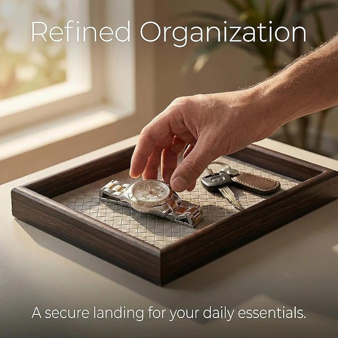 Zosenley Wooden Valet Tray with Leather Base - Nightstand Catchall Organizer for Cologne, Perfume, Keys, Wallet, Phone, Watch, Jewelry & Sunglasses (Llight Gray)