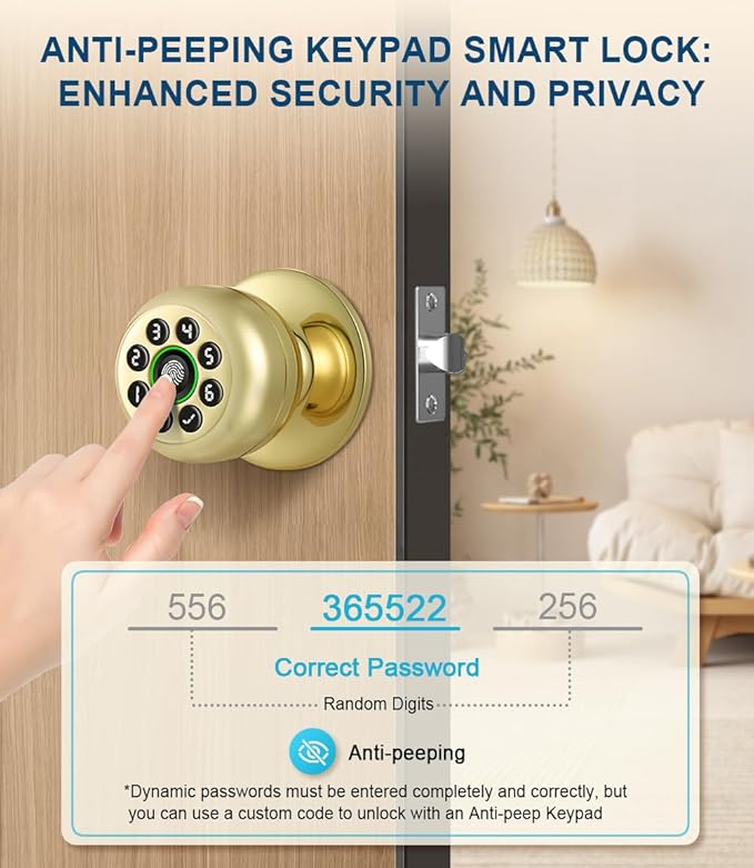 Fingerprint Door Lock, Smart Fingerprint Door Knob with Keypad, Biometric Door Lock with App Control, Auto Lock Door Lock with Code, Keyless Door Knob with Lock for Bedroom, Home,Office-Brass