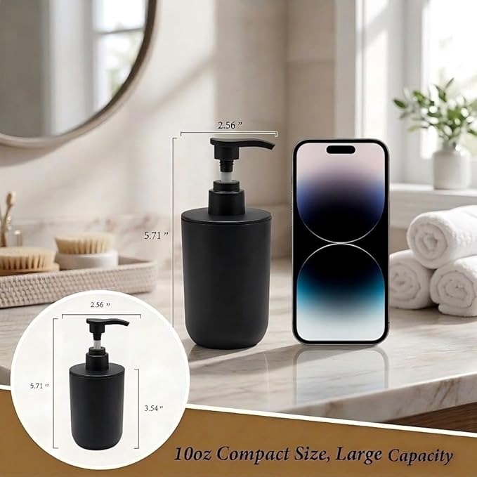 4-Piece Bathroom Accessories Set, Matte Black Plastic Countertop Organizer with Toothbrush Holder, Lotion Soap Dispenser, Qtip Holder & Vanity Tray – Modern Bathroom Decor for Home