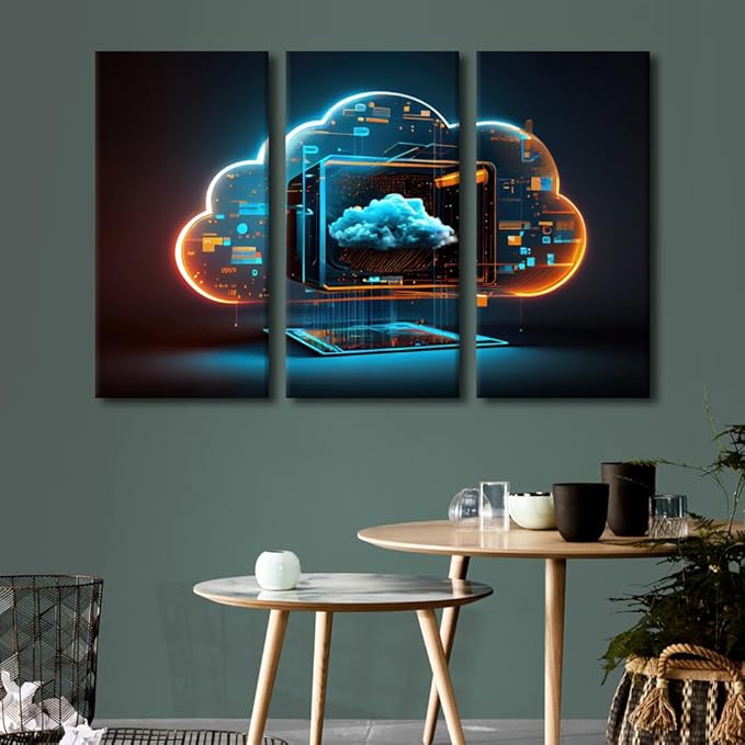 Large Canvas Wall Art 3 Piece Concept of Cybersecurity and Data Protection Print Art for Bedroom Living Room Wall Decoration, Wooden Framed Gallery-Wrapped Ready to Hang, 60" Wx40 H