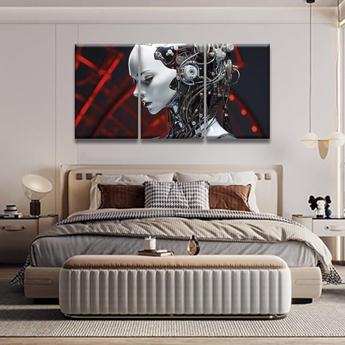 LSIUHWUWI Wall Art for Living Room 3 Panel Female Robot with Wires, and Metallic Finish Pictures Posters Contemporary Wall Decor for Home Office Hotel Wall Wooden Framed Ready to Hang 16x24inchx3
