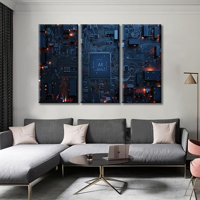 Blue Neon Computer Motherboard Art Work for Home Wall Chip Posters & Prints Painting Pictures Canvas Artwork Home Decorations for Living Room Bedroom Giclee Framed Ready to Hang 60"Wx40"H