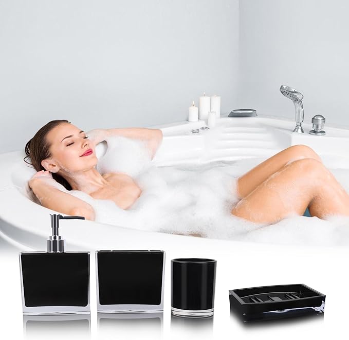 4-Piece Sleek Black Acrylic Bathroom Accessories Set — Soap Dispenser, Toothbrush Holder, Soap Dish & Mouthwash Cup, Vanity Countertop Organizer for Modern Black Bathroom Decor