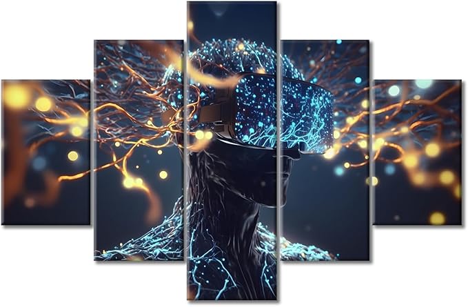 5 Pieces Canvas Prints Artificial Intelligence Technology Wall Art Modern Home Decor Brain Neural Human Head Poster Living Room Bedroom Decoration Artwork Painting Framed Ready to Hang, (60"Wx40"H)
