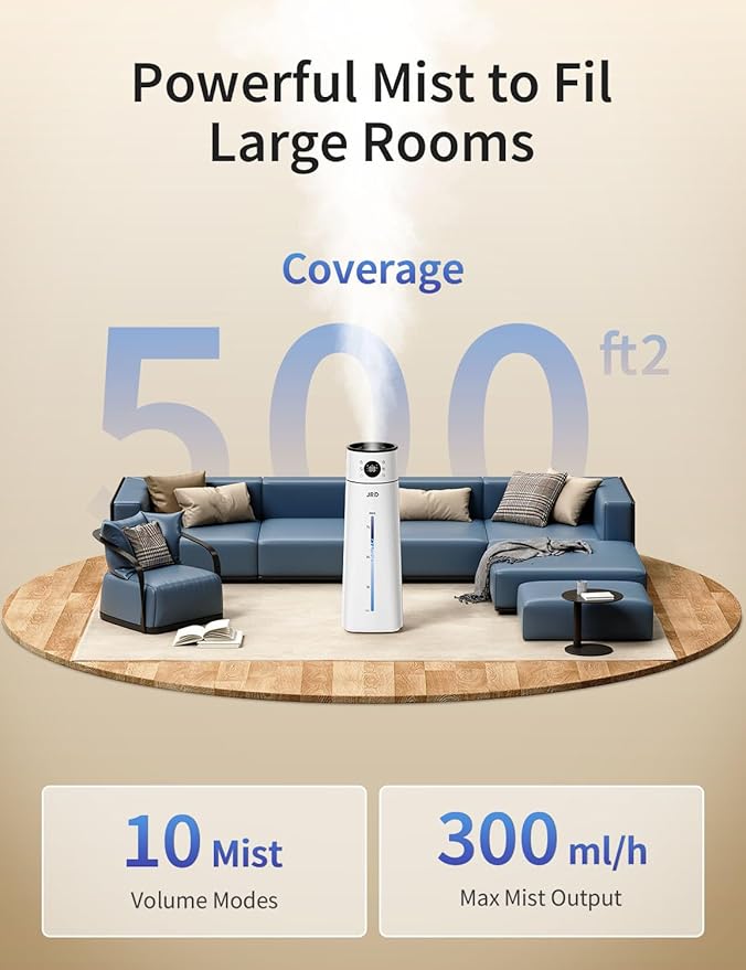 JRD Humidifier Large Room 8L/ 2.1Gal, Ultrasonic Cool Mist for Bedroom, Quiet Humidifier with Remote Control, 10 Mist Modes, 24H Timer, Night Light, AI Mode, 40H Run for Home Office Baby Pets Plants