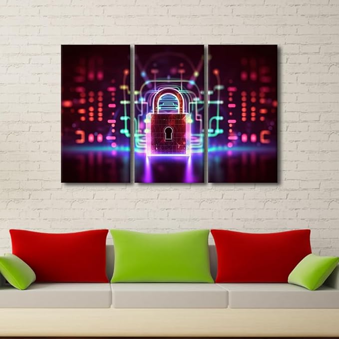 TUMOVO 3 Panels Modern Wall Art Padlock on Technological Circuit Background with Neon Lights Pictures Print on Canvas for Home Office Wall Decorations, Cyber Security Concept Artwork, 42" Wx28 H