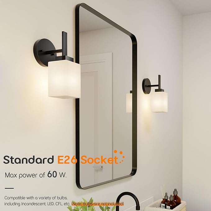 Wall Lights Matte Black Bathroom Vanity Light Fixtures Over Mirror with White Frosted Glass Shade, Wall Lamps for Porch Entrance, 2 Pack T002MB-L1-P2