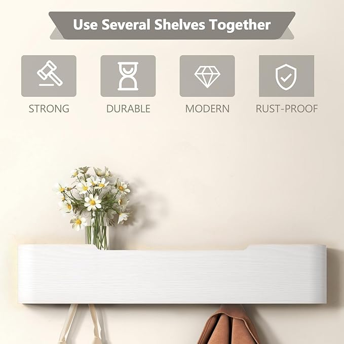 Coat Rack Wall Mount Entryway Organizer Modern Key Holder Wall Mount with Wooden Shelf Entryway Hooks for Bedroom Kitchen Hallway Bathroom for Hanging Coats Hats Dog Leashes Bags Towels