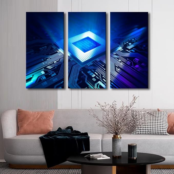 TUMOVO 3 Panels House Decorations Wall Art CPU Concept Wall Pictures for Living Room Computer Chip Canvas Wall Art Digital Age Modern Wall Painting Prints on Canvas Framed Ready to Hang(40" Wx60 H)
