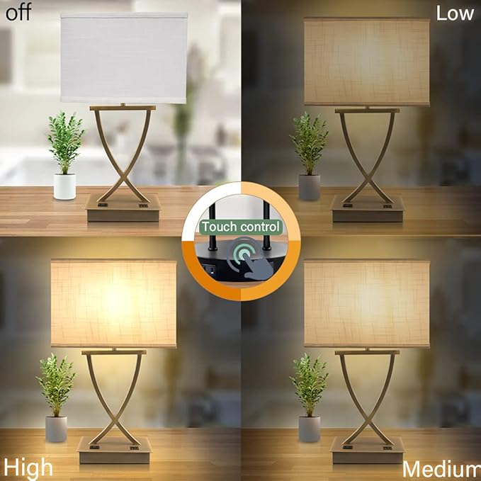 3-Way Dimmable Touch Control Medium Table Lamp with Type C/USB Charging Port and 1 AC Outlet White Shade 21.38" Bedside Nightstand Lamp for Bedroom Living Room Office and Hotel Bulb Included