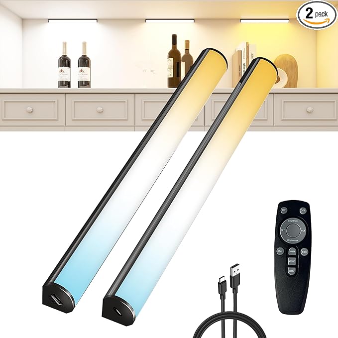 Under Cabinet Lighting Wireless with Remote,Rechargeable Battery Operated Closet Lights,3 Color Magnetic Dimmable led Strip Lights,Under Counter Lights for Kitchen,Shelf,Bedroom (Black-2PCS, 20cm)