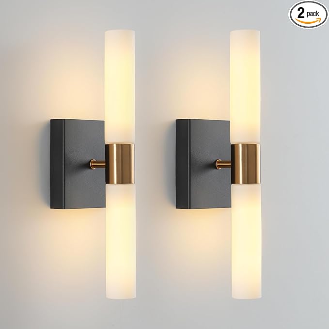 Wall Sconces Set of Two Black and Brass Wall Lights with White Frosted Glass Shade Modern Wall Lamp for Bathroom Living Room Indoor Vanity Up and Down Sconces Wall Lighting for Hallway